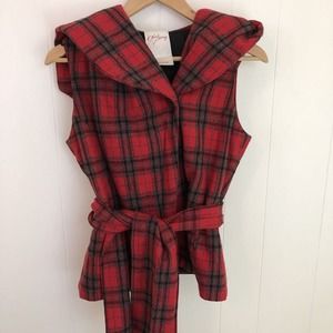 Wool Red Plaid Quilted Sleeveless Hood‎ Belted Jacket XS by Chulo Pony Gretchen